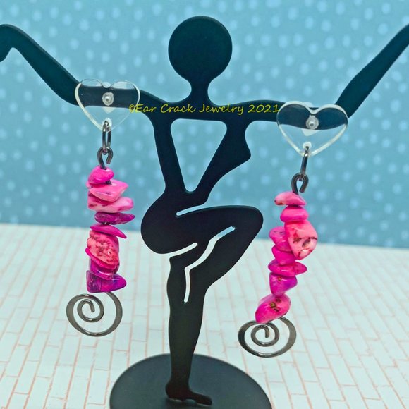 Hand Crafted - Rock Bead Pink Dangle Earrings - Picture 7 of 10